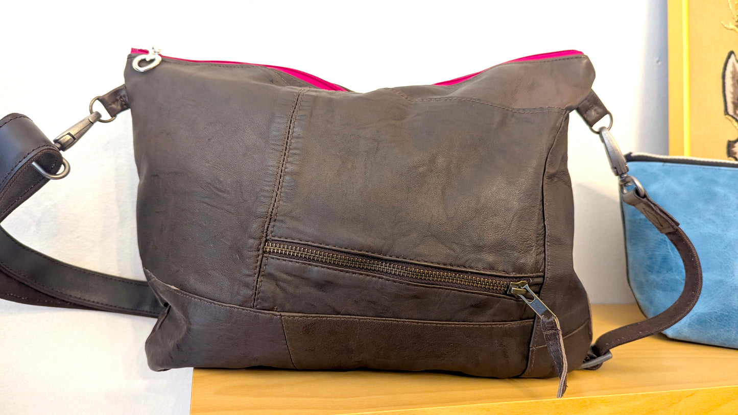 Vintage upcycle brown leather crossbody bag