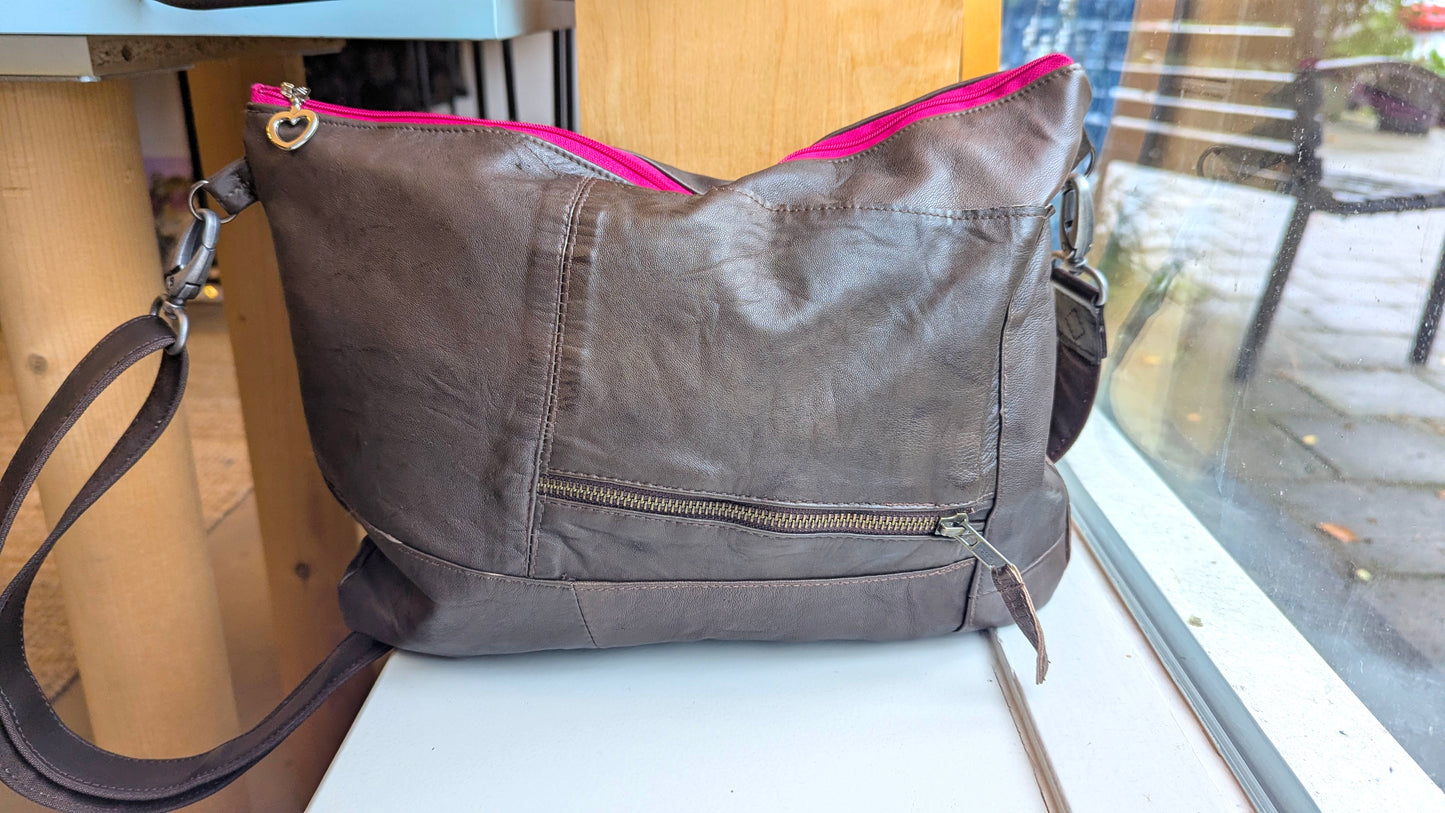 Vintage upcycle brown leather crossbody bag