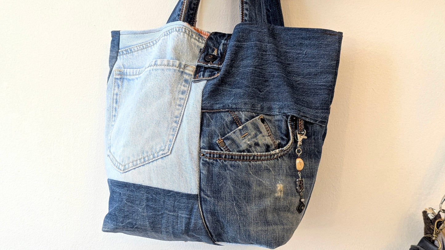Upcycle textiles and jeans made a lovely tote bag
