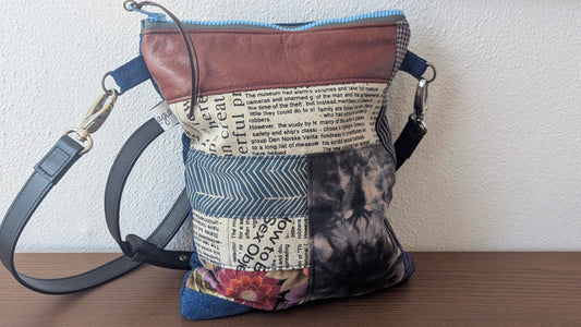 Upcycle Patchwork leather, denim and cotton crossbody bag