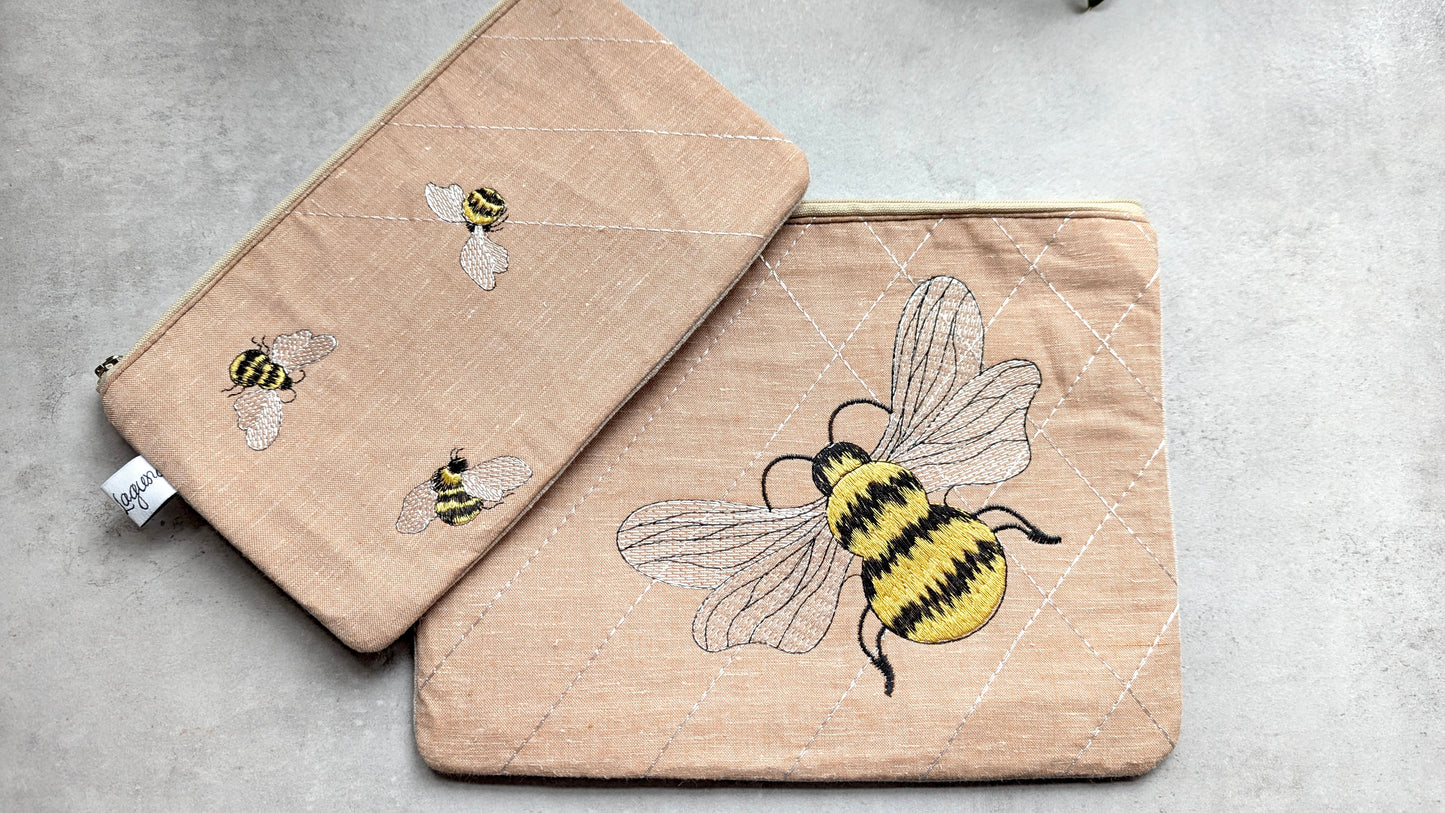 Upcycle upholstery embroidered bees pouch set