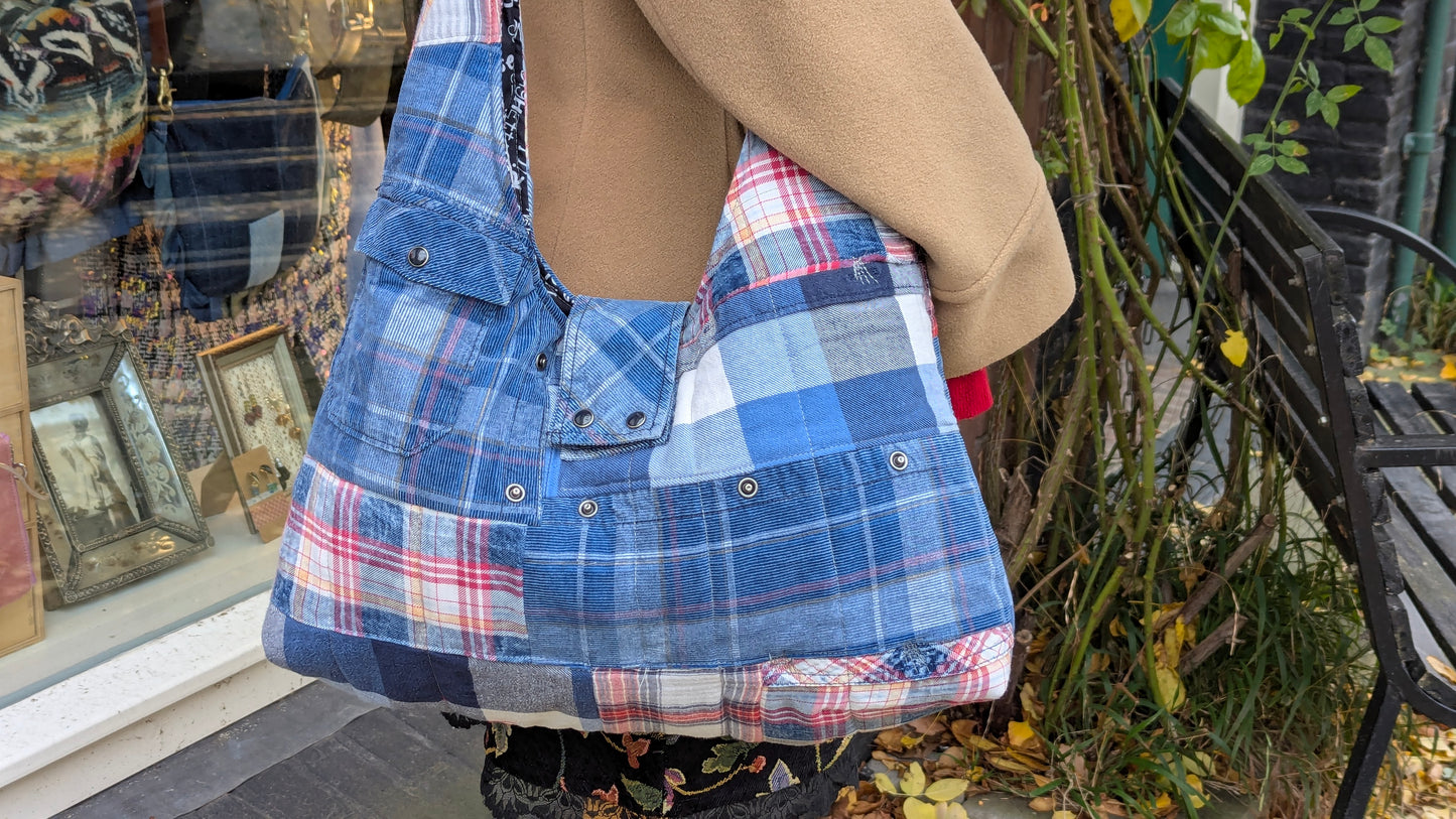 Upcycled plaid shirt patchwork quilted bag