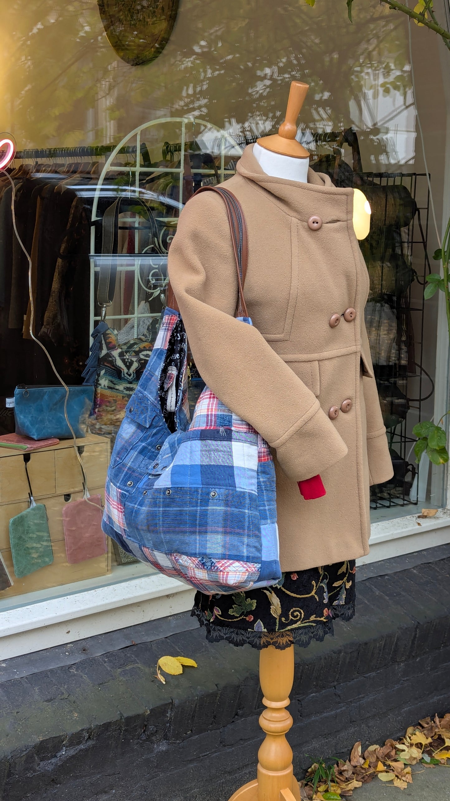 Upcycled plaid shirt patchwork quilted bag