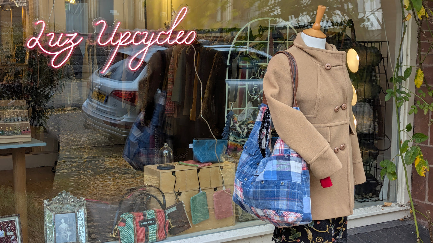 Upcycled plaid shirt patchwork quilted bag