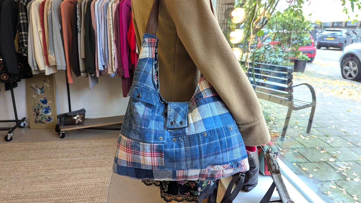 Upcycled plaid shirt patchwork quilted bag