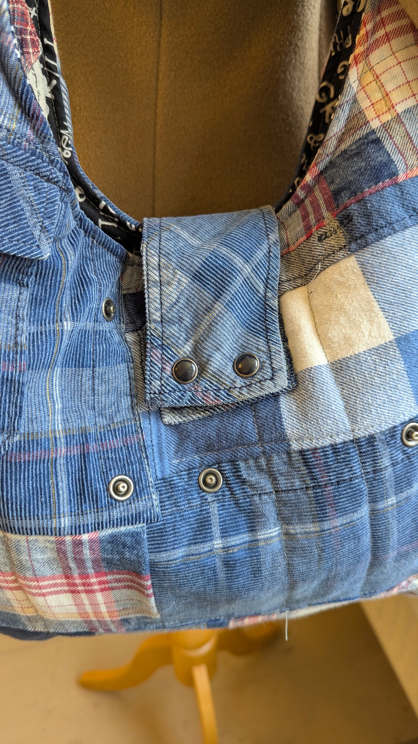 Upcycled plaid shirt patchwork quilted bag