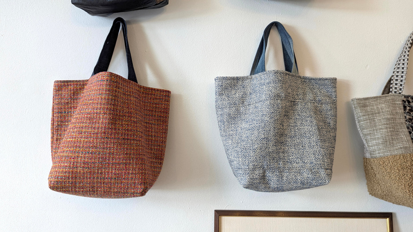 Upcycle tweed upholstery fabric and denim  tote bag