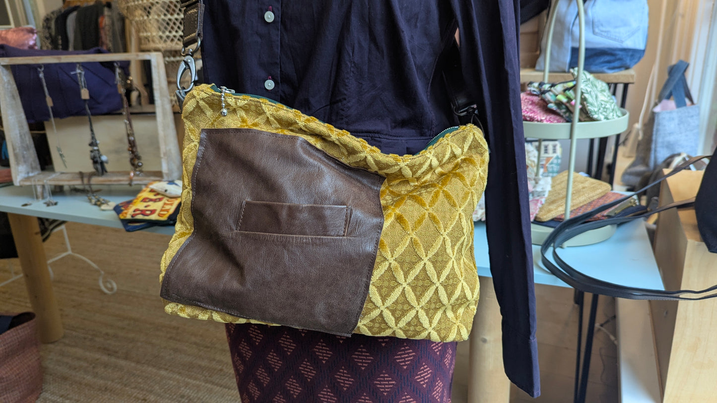 Vintage yellow velvet fabric and upcycle leather bag