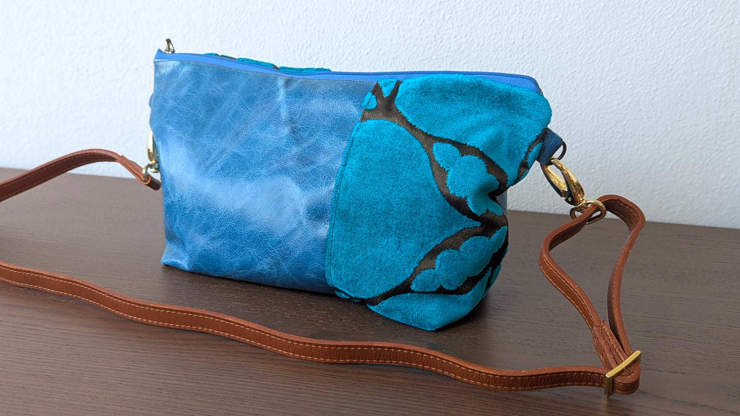 Upcycle textile in aqua  and blue leather bag