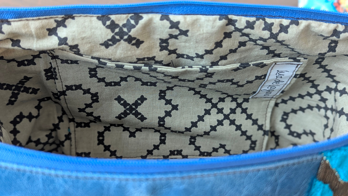 Upcycle textile in aqua  and blue leather bag