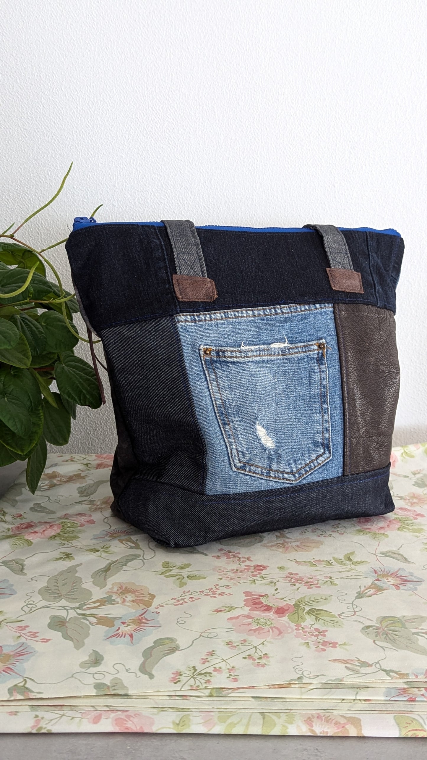 Patchwork leather and denim tote