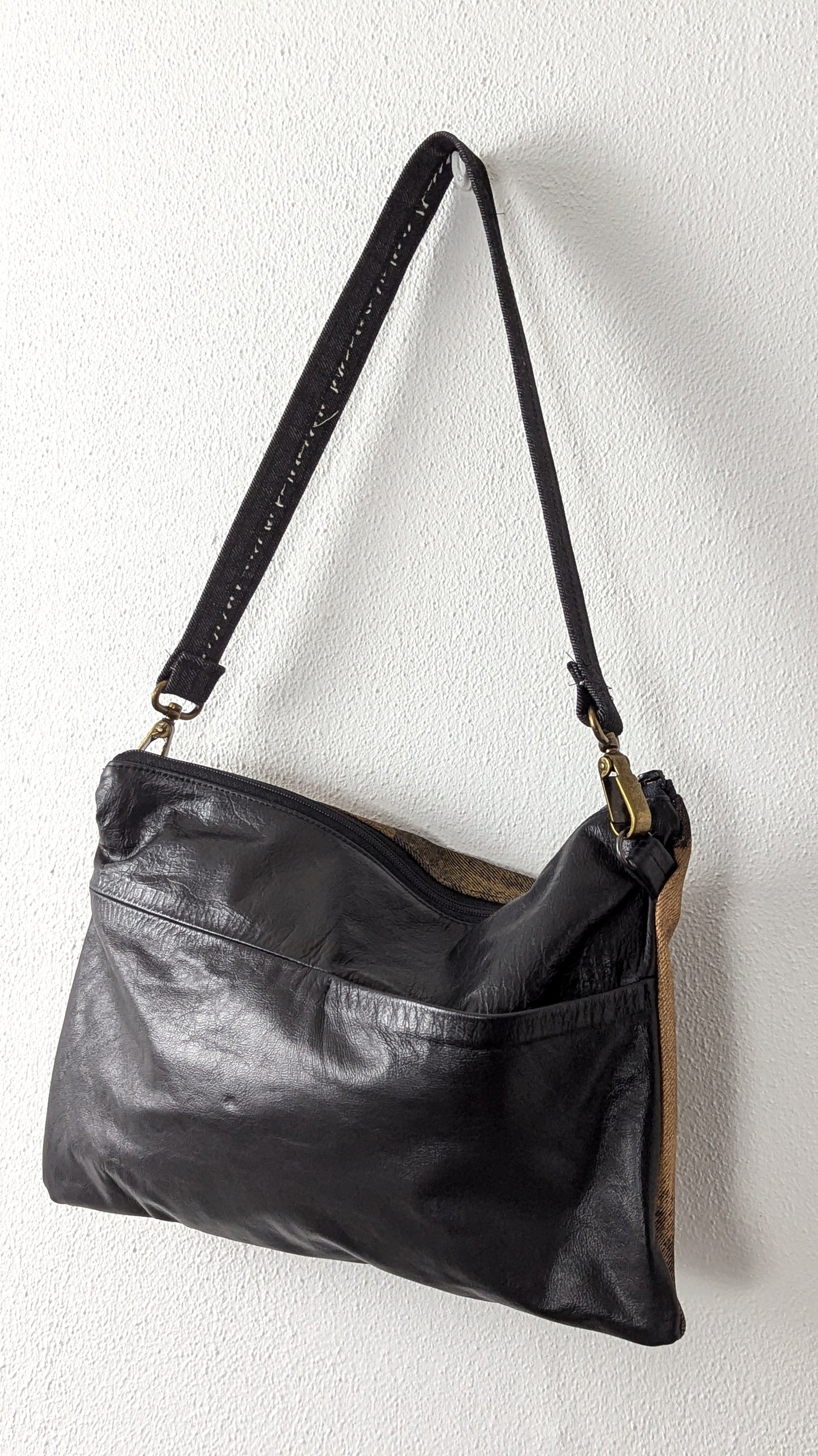Painted denim and leather bag