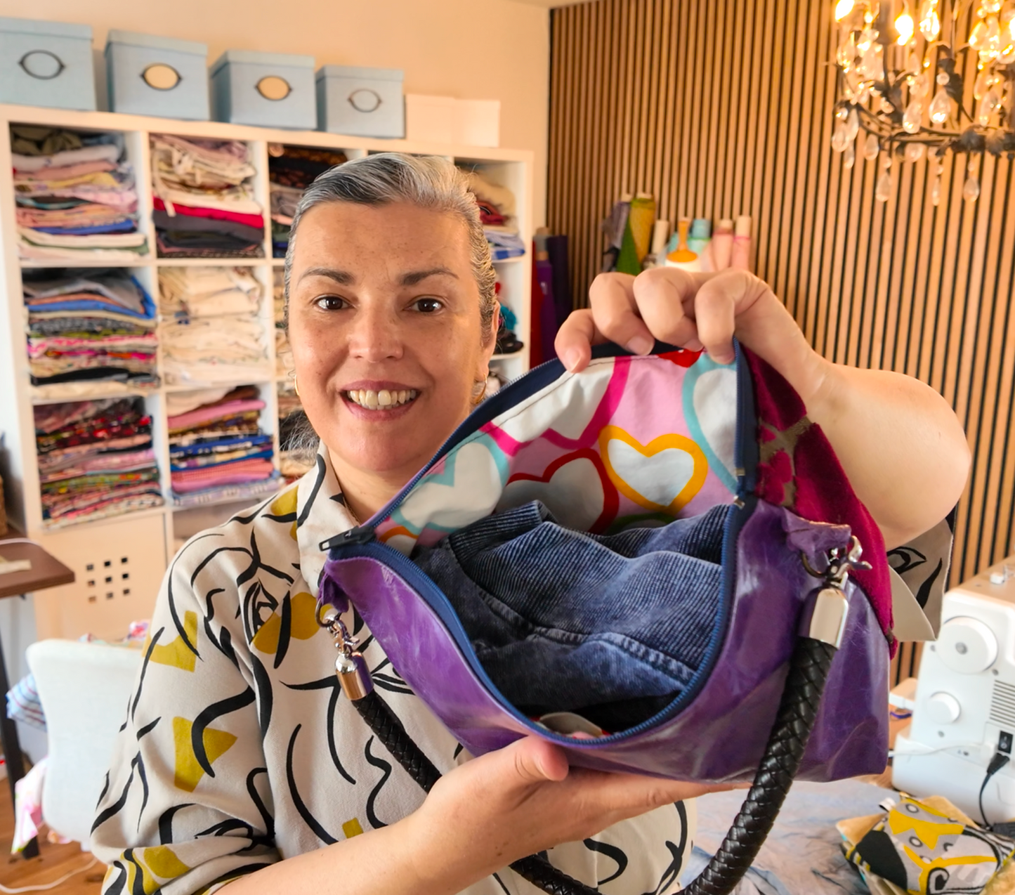 Upcycle textile and purple leather bag