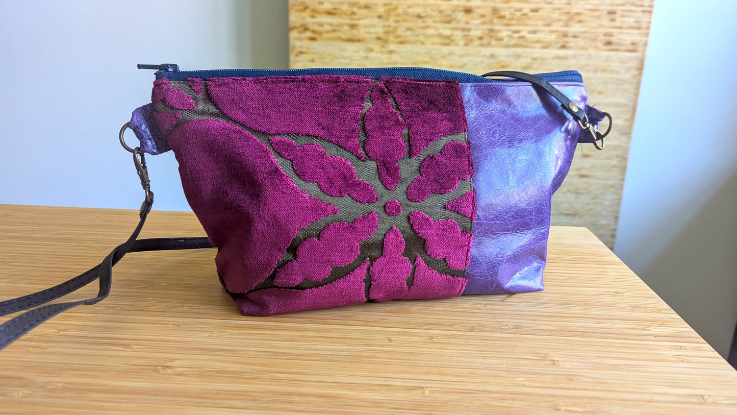 Upcycle textile and purple leather bag