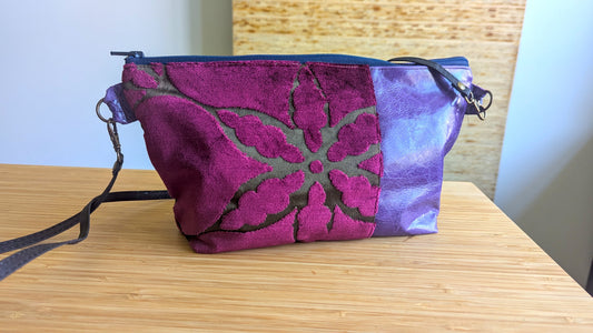 Upcycle textile and purple leather bag