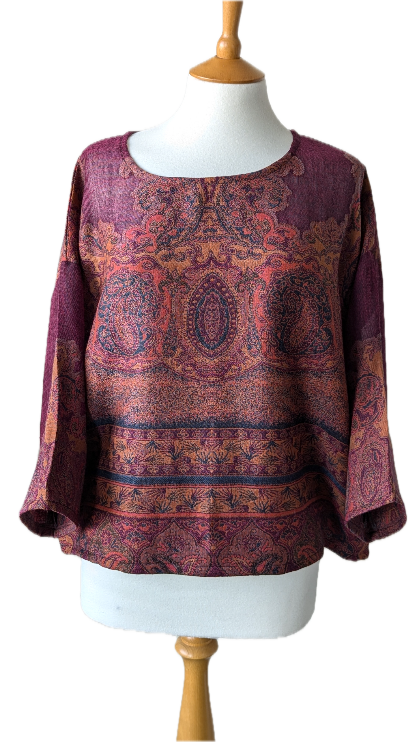 Winter top, upcycle wool scarf (red paisley jumper)