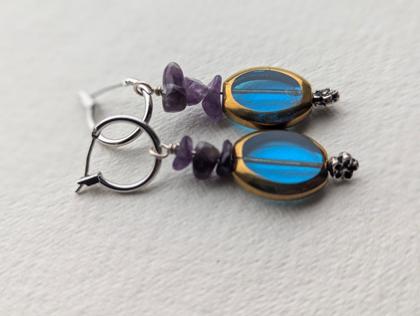 Handmade Blue Glass & Amethyst Dangle Hoop Earrings
