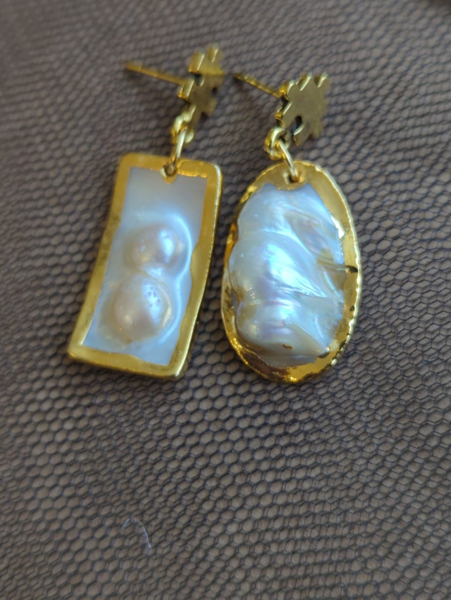 Freshwater Pearl Asymmetrical Gold Plated Puzzle Earrings
