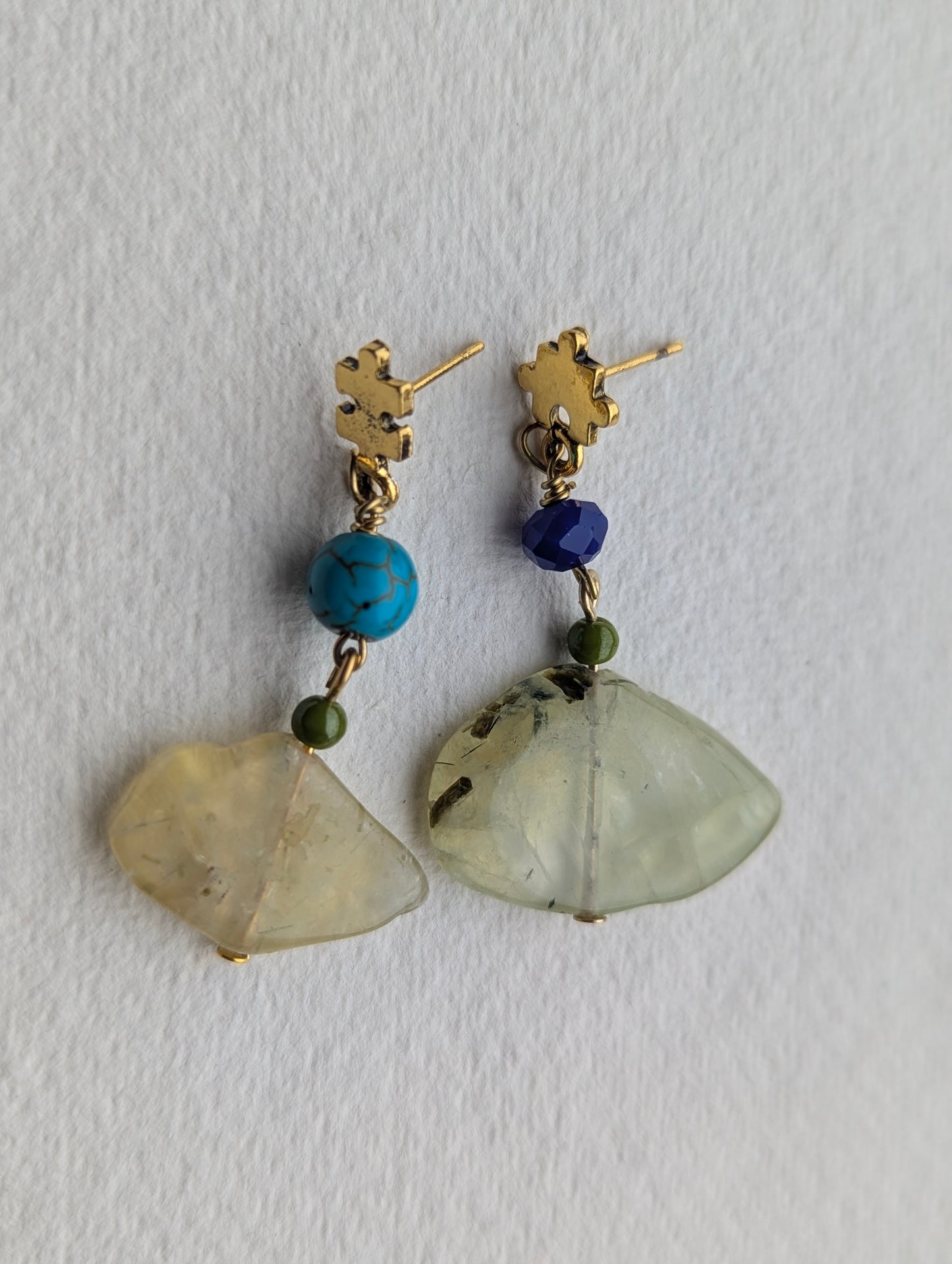 Asymmetrical Gemstone Drop Earrings with Puzzle Charms
