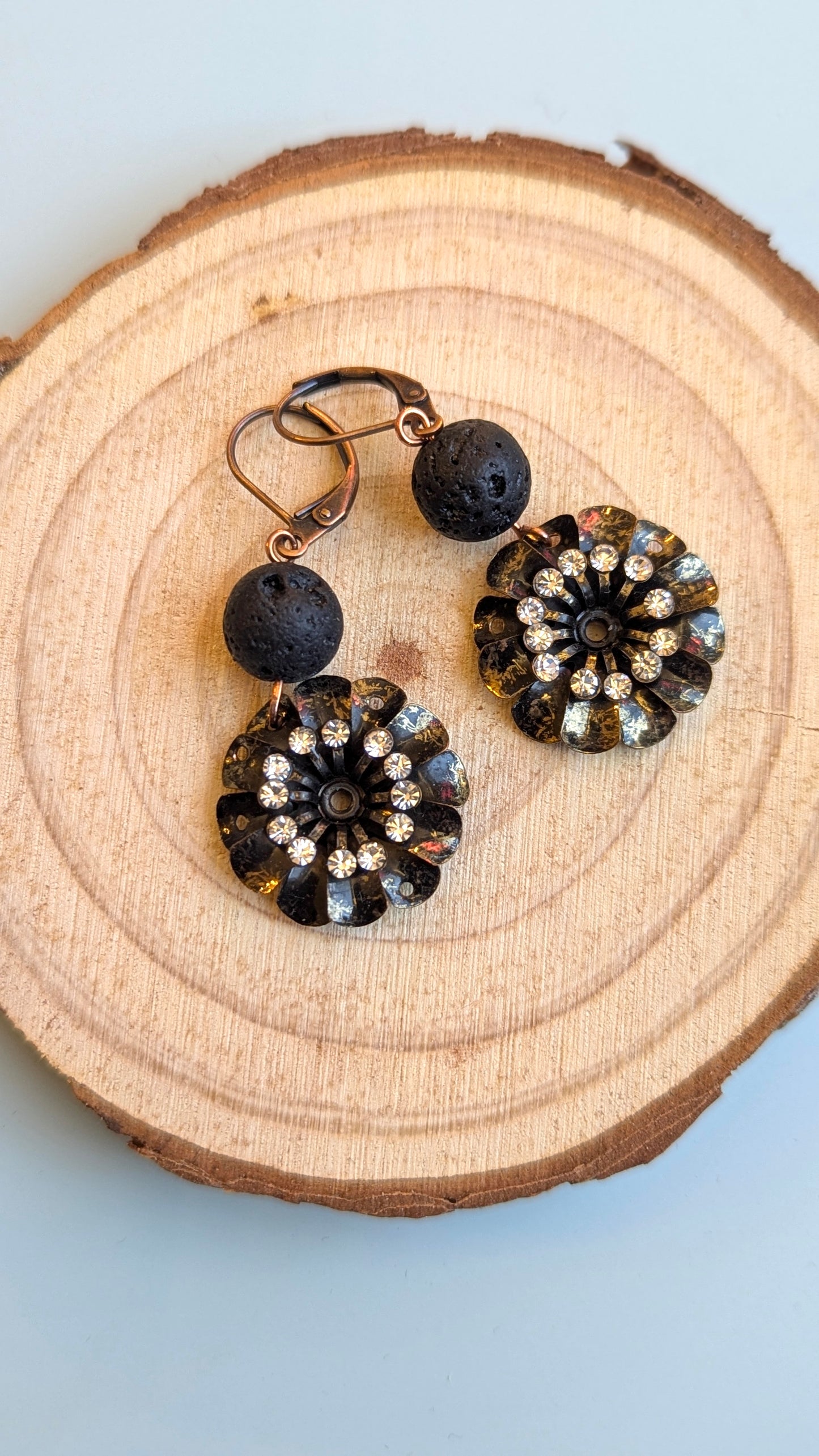 Lava Bead & Crystal Flower Drop Earrings