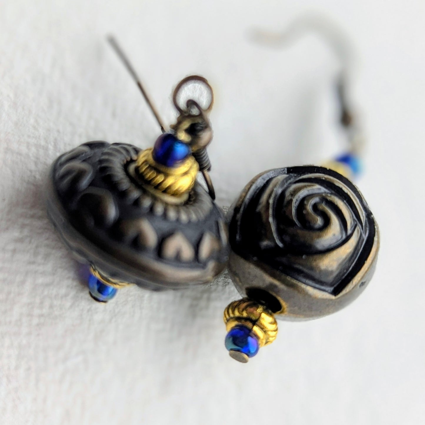 Artisan Bronze & Blue Drop Earrings with Rose and Heart Details