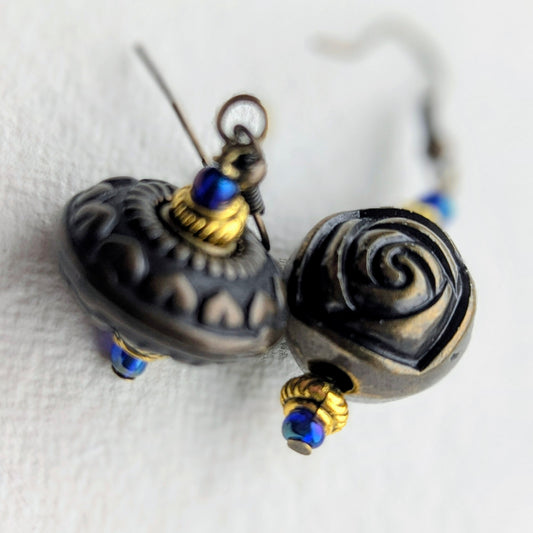 Artisan Bronze & Blue Drop Earrings with Rose and Heart Details
