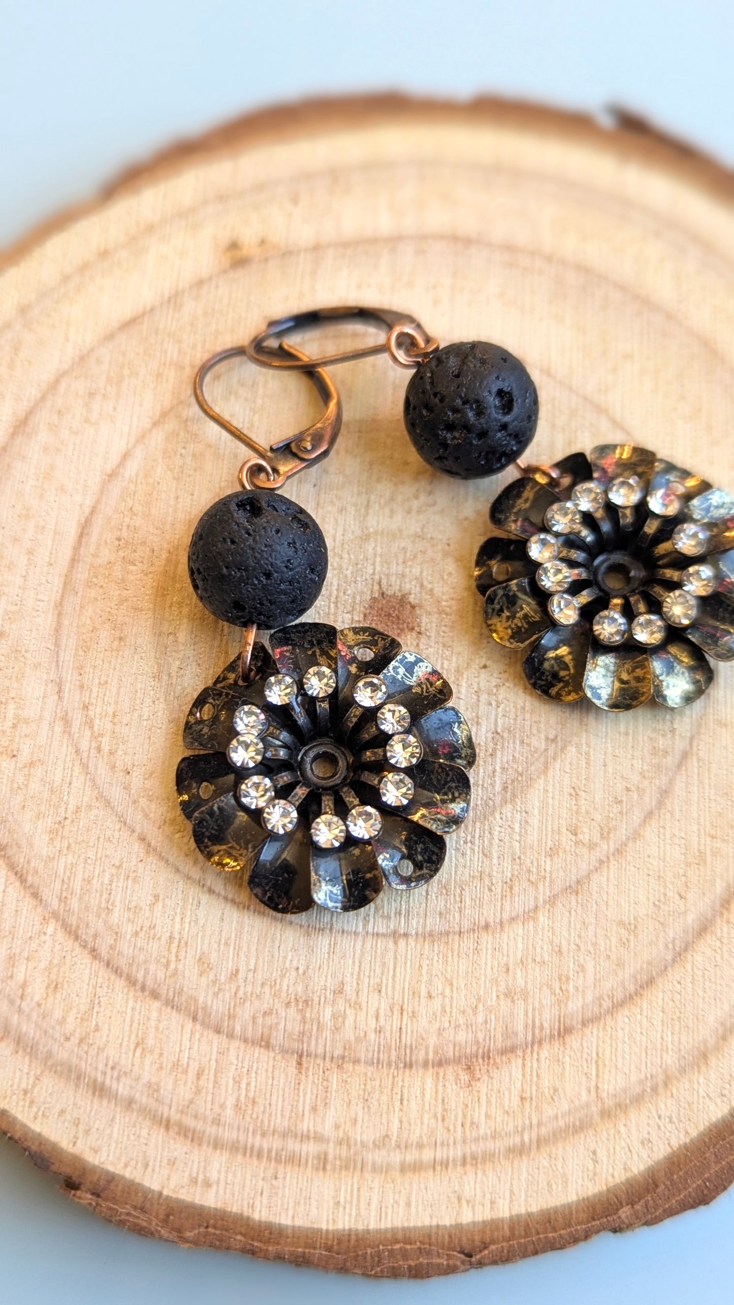 Lava Bead & Crystal Flower Drop Earrings