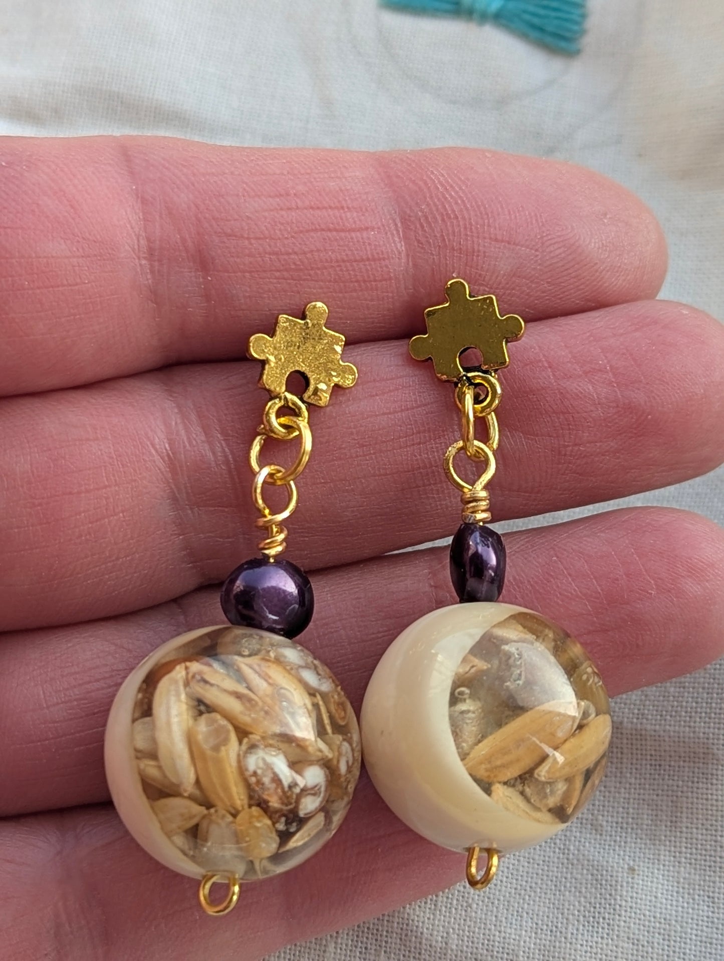 Unique Resin & Seed Drop Earrings with Puzzle Studs
