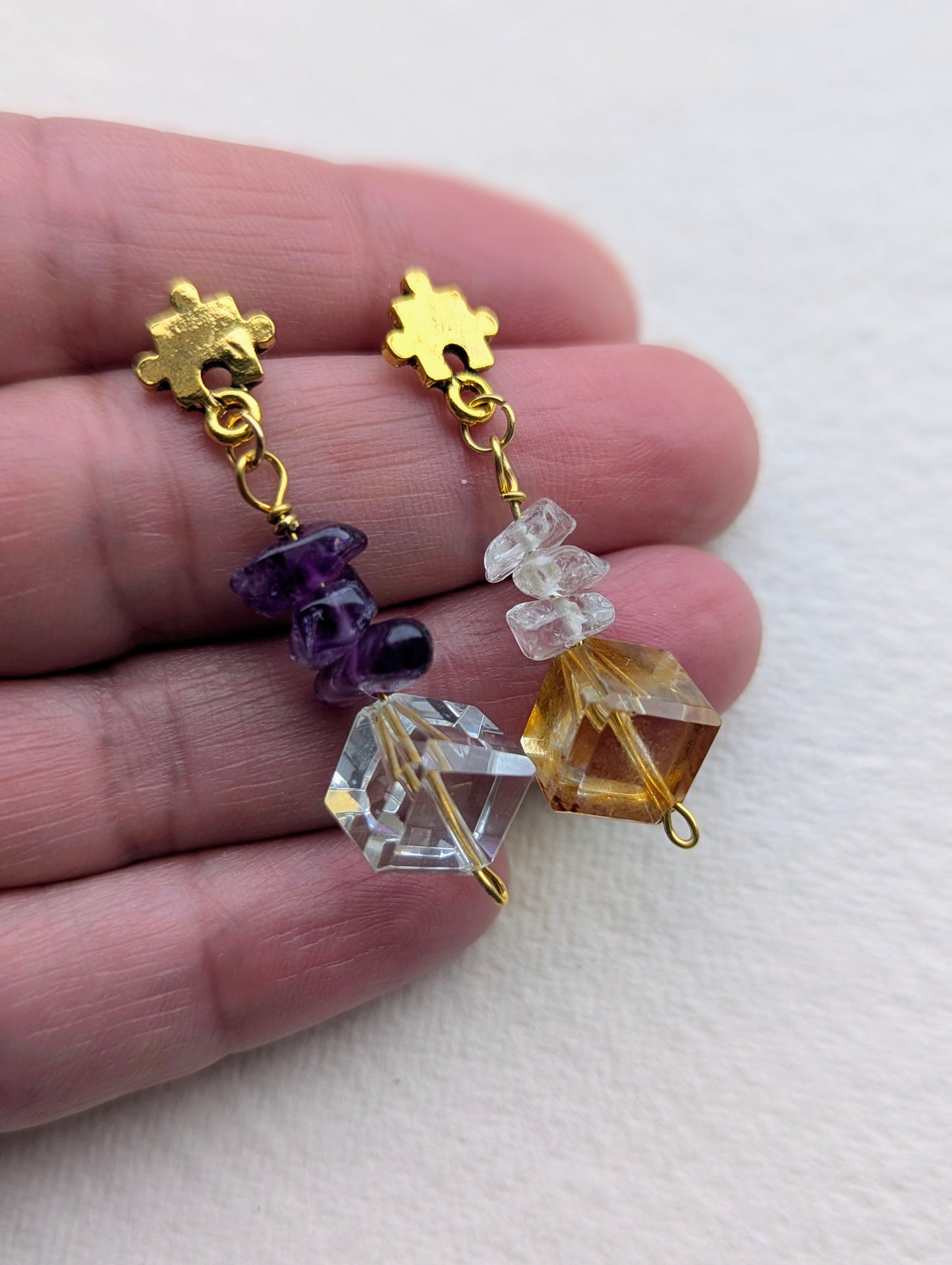 Amethyst & Citrine Asymmetrical Gemstone Dangle Earrings