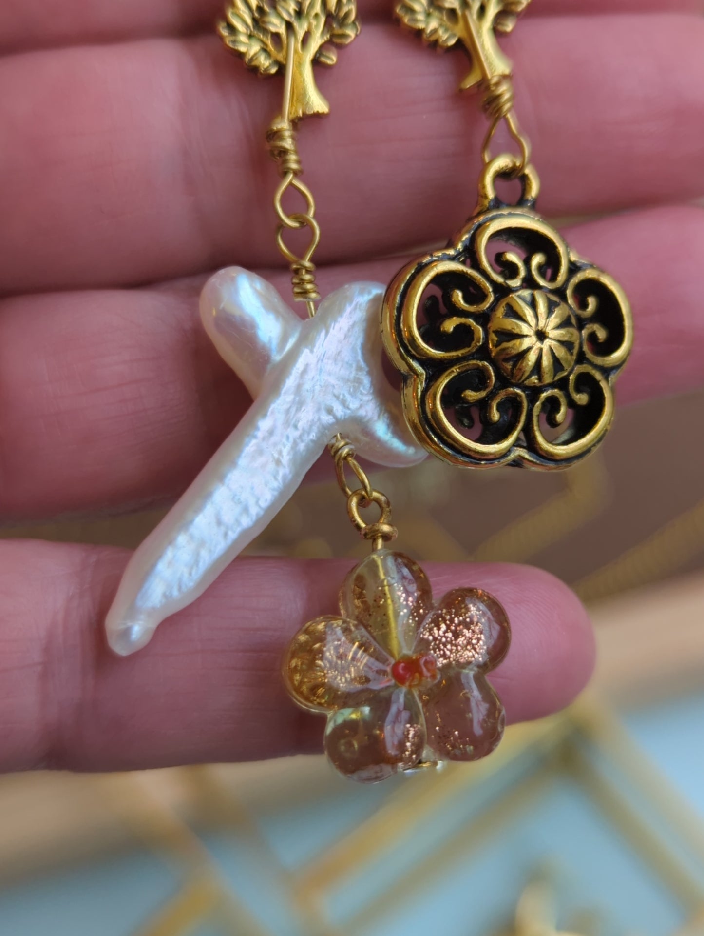 Artisan Gold Tree & Baroque Pearl Dangle Earrings