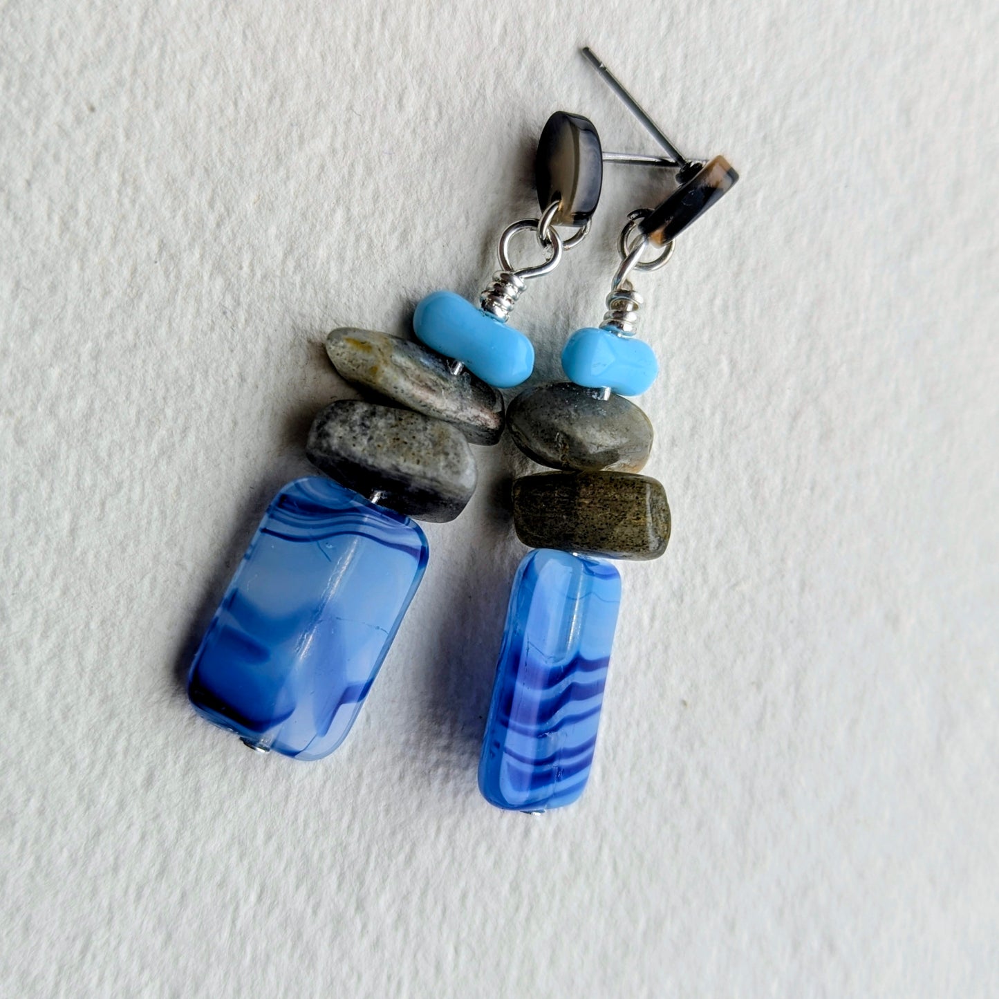 Handmade Blue Striped Glass & Stone Dangle Earrings