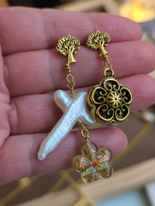 Artisan Gold Tree & Baroque Pearl Dangle Earrings