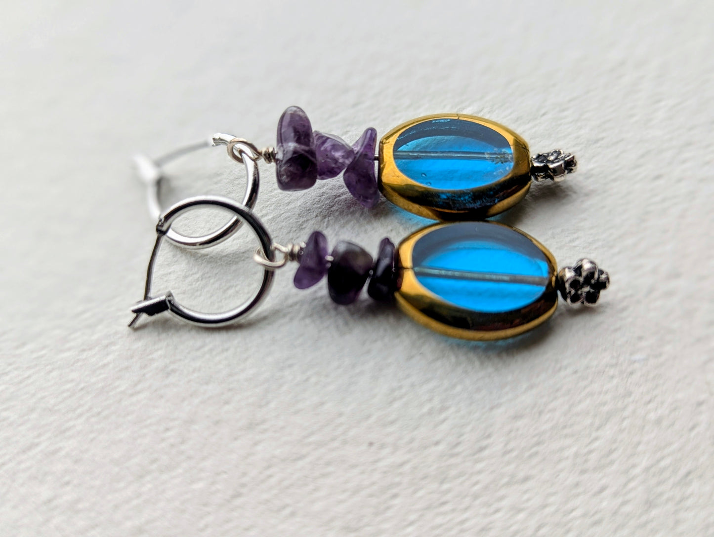 Handmade Blue Glass & Amethyst Dangle Hoop Earrings