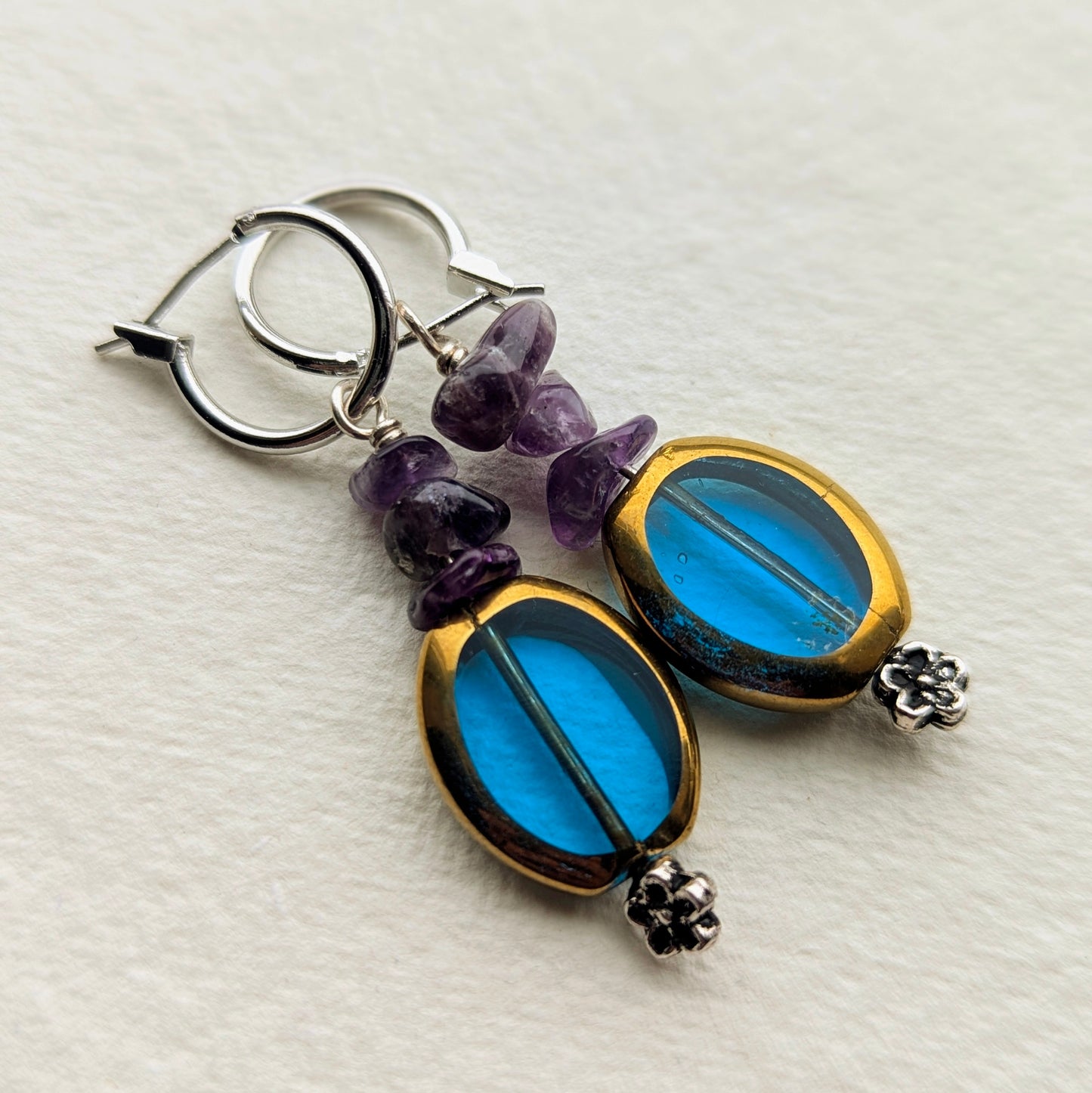 Handmade Blue Glass & Amethyst Dangle Hoop Earrings