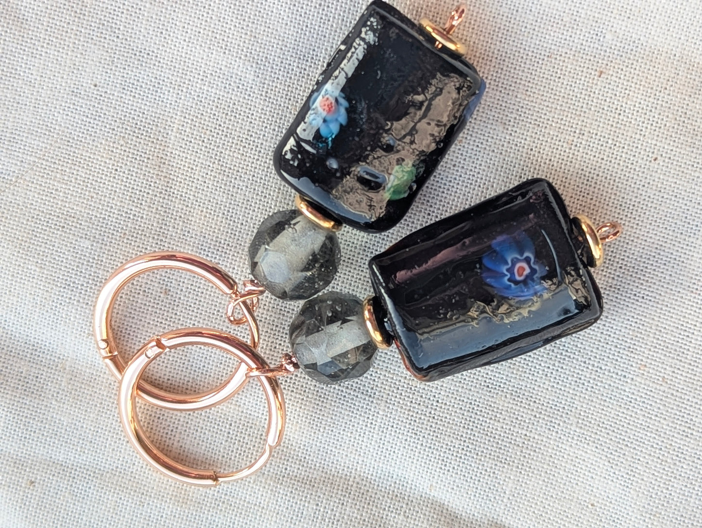 Black Floral Murano Glass Drop Hoop Earrings