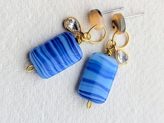 Artisan Blue Striped Glass Bead Dangle Earrings