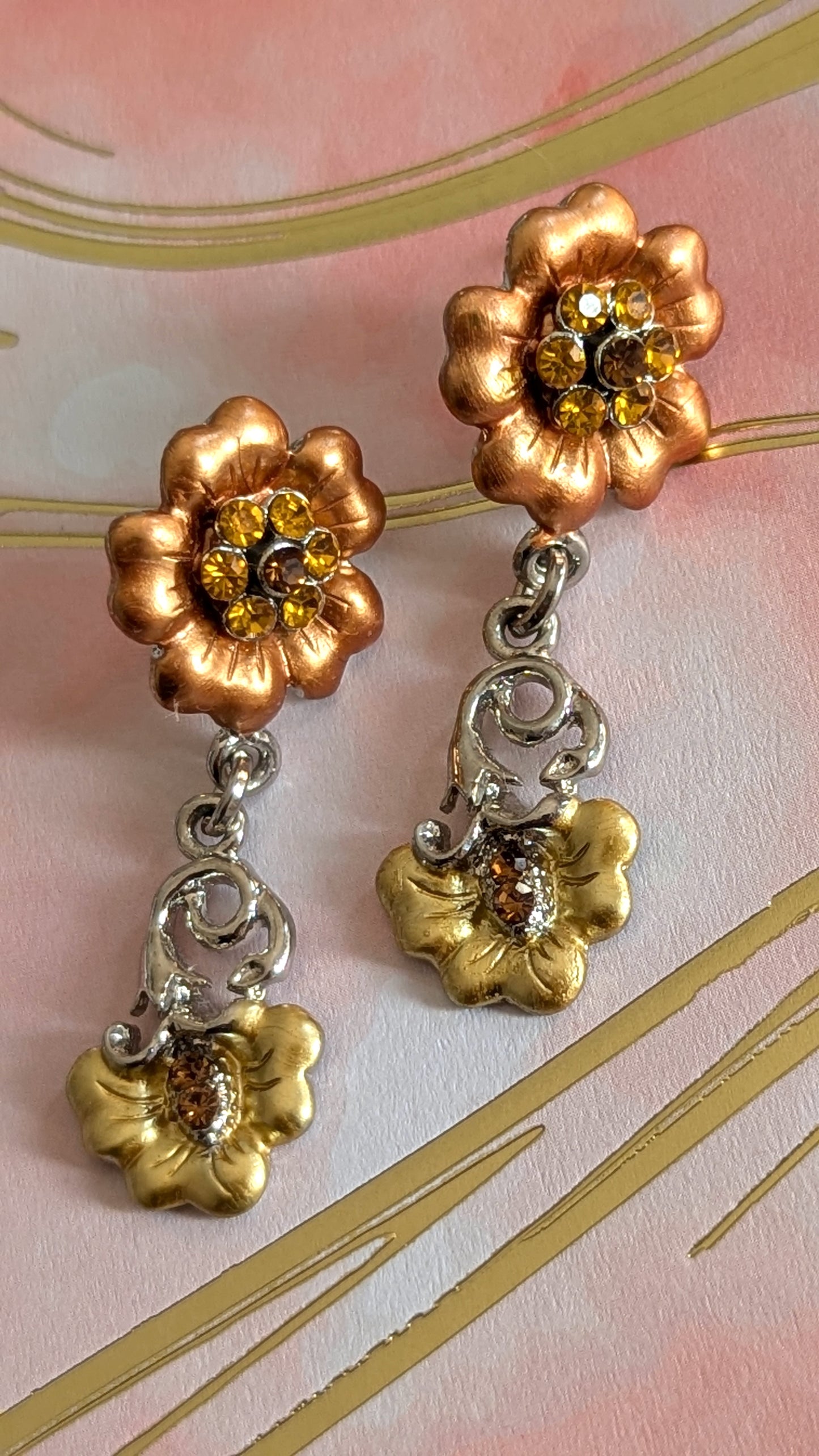 Enamel art nouveau earrings (gold and silver tone flowers)