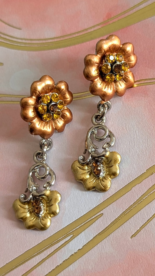 Enamel art nouveau earrings (gold and silver tone flowers)