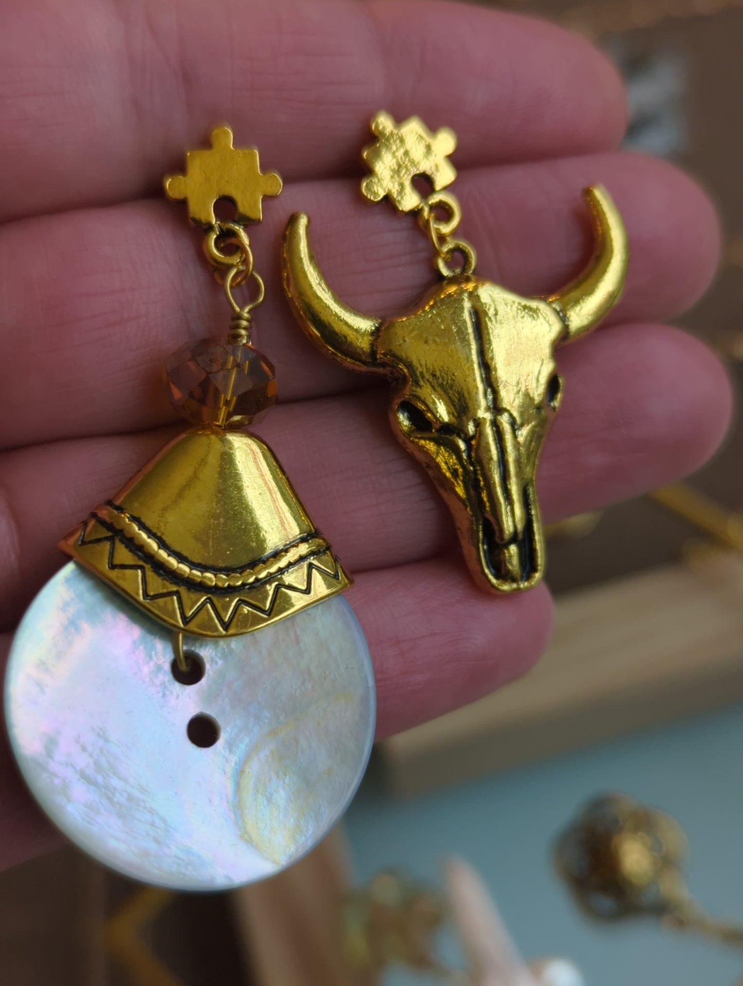 Mismatched Golden Bull Skull & Mother-of-Pearl Drop Earrings