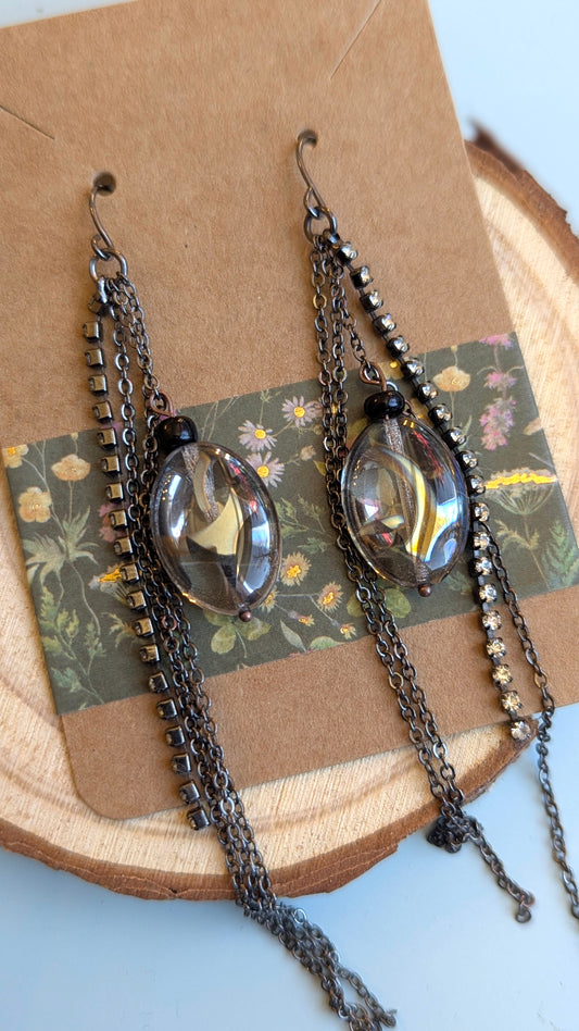 Elegant Gunmetal Multi-Chain Teardrop Dangle Earrings