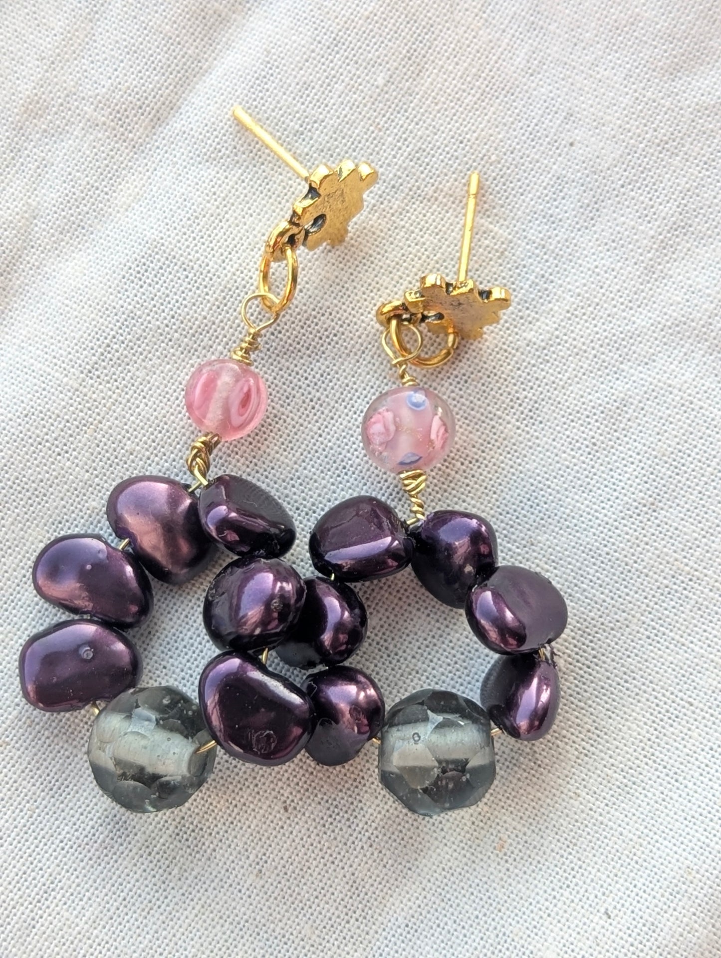 Handmade Purple Pearl & Glass Bead Dangle Earrings