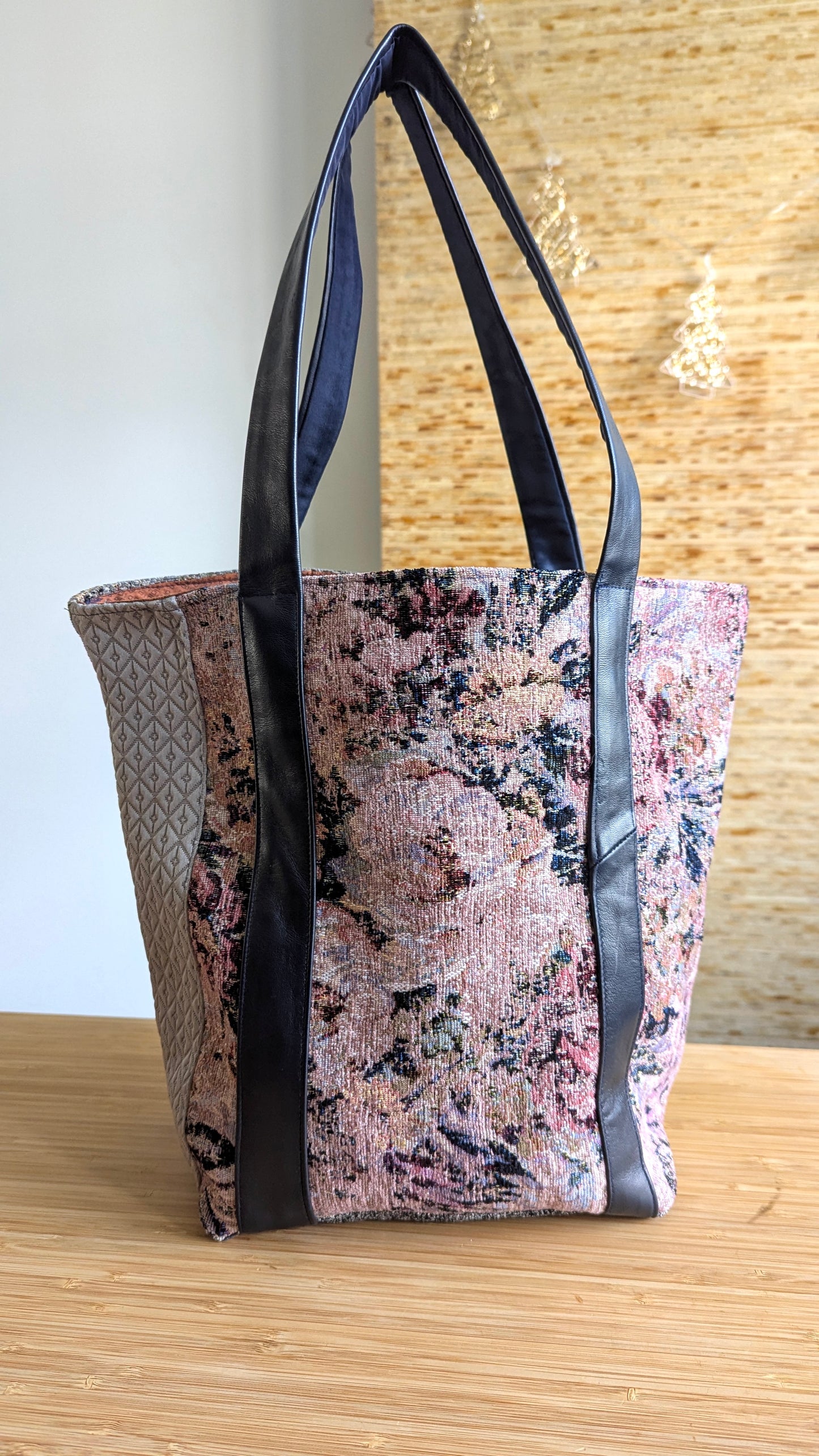 Upcycle Tote bag luxurious textiles and leather ties