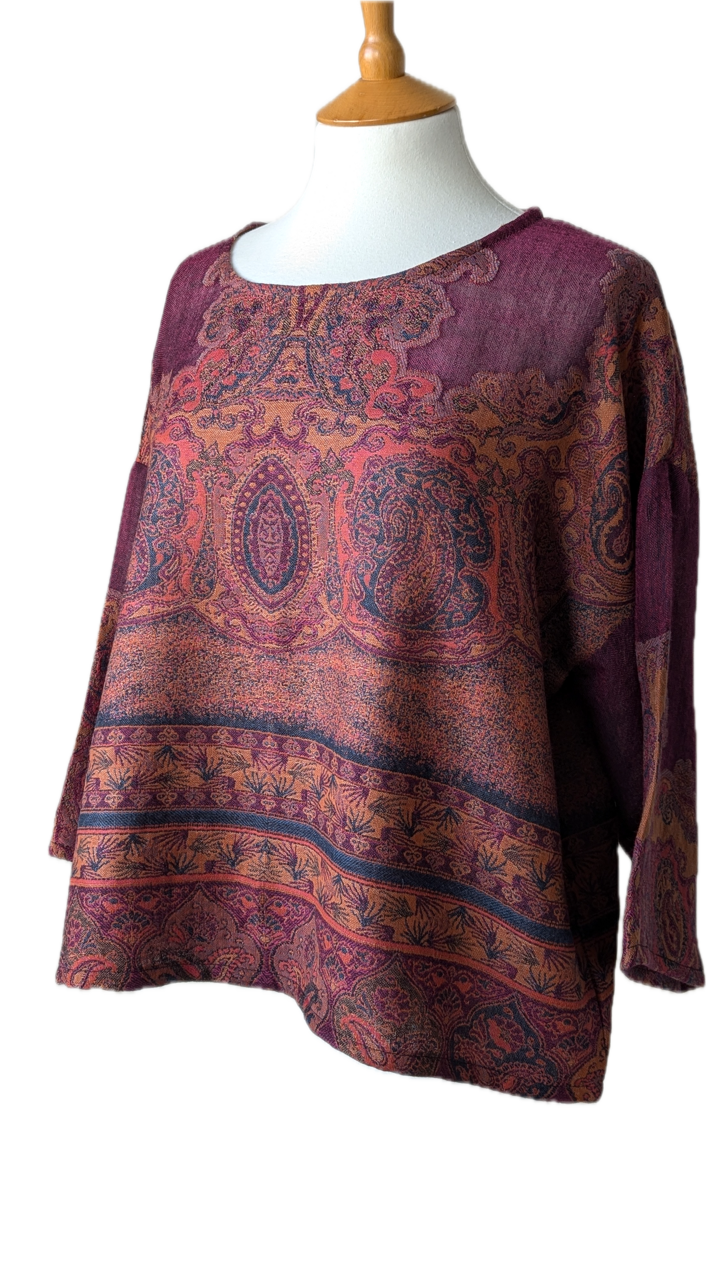 Winter top, upcycle wool scarf (red paisley jumper)